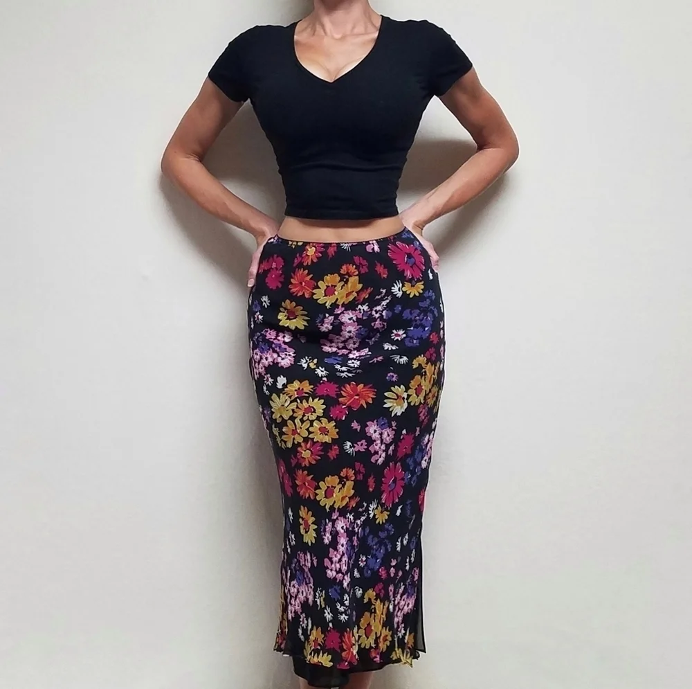 90s-Y2K Vintage Retro Express Silk Chiffon Black Multi-color Floral Midi Skirt S - Picture 2 of 13